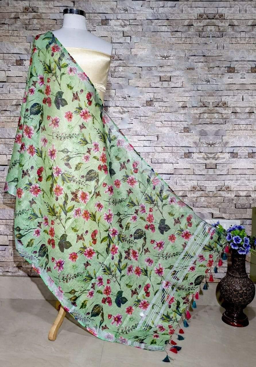 Lovely Green Floral Print Digital Linen Dupatta_ - Ibis Fab