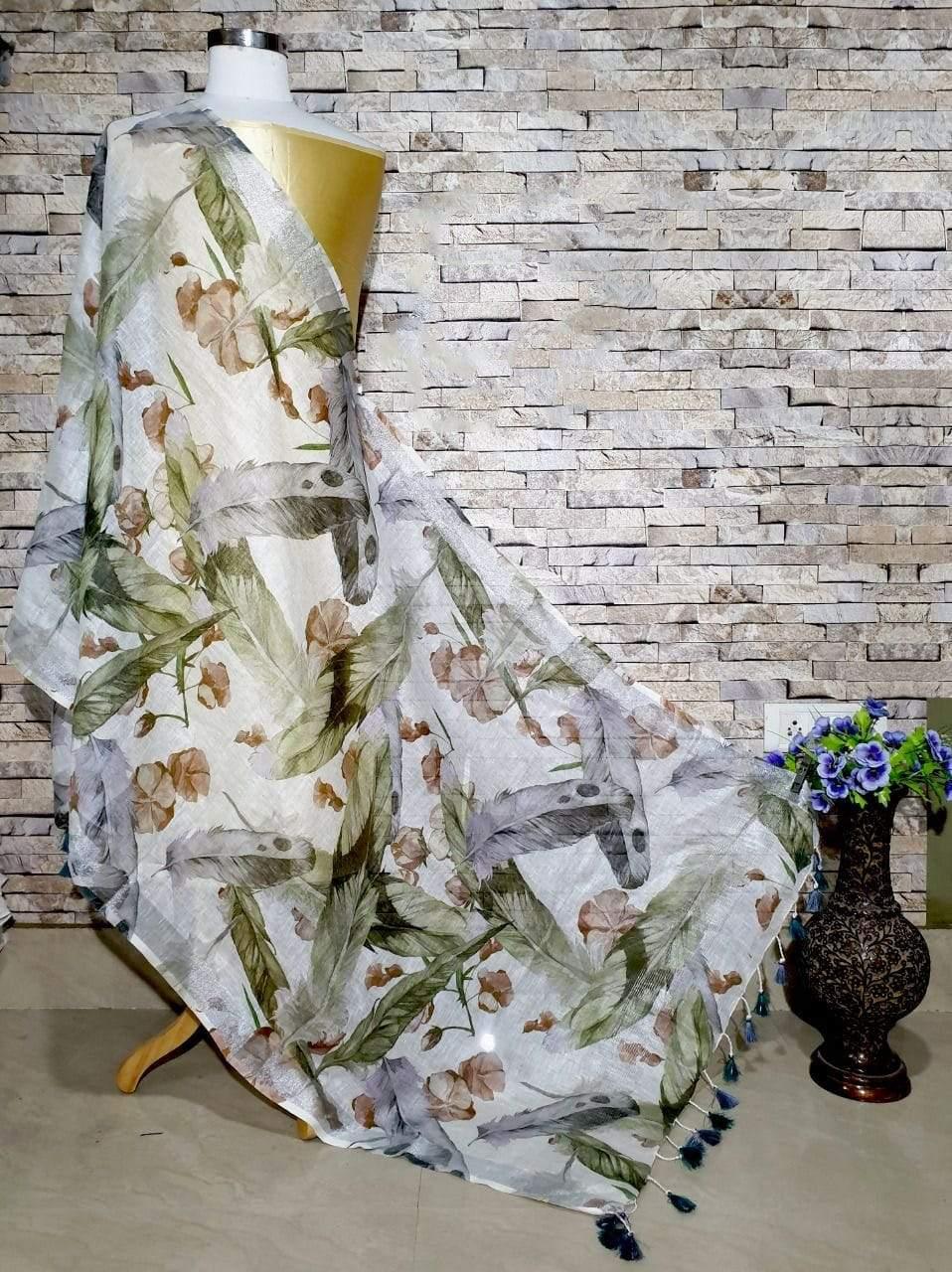 Lovely White Base Feather Design Digital Linen Dupatta_ - Ibis Fab