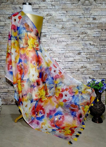 Marvellous Stunning Floral Design Digital Linen Dupatta_