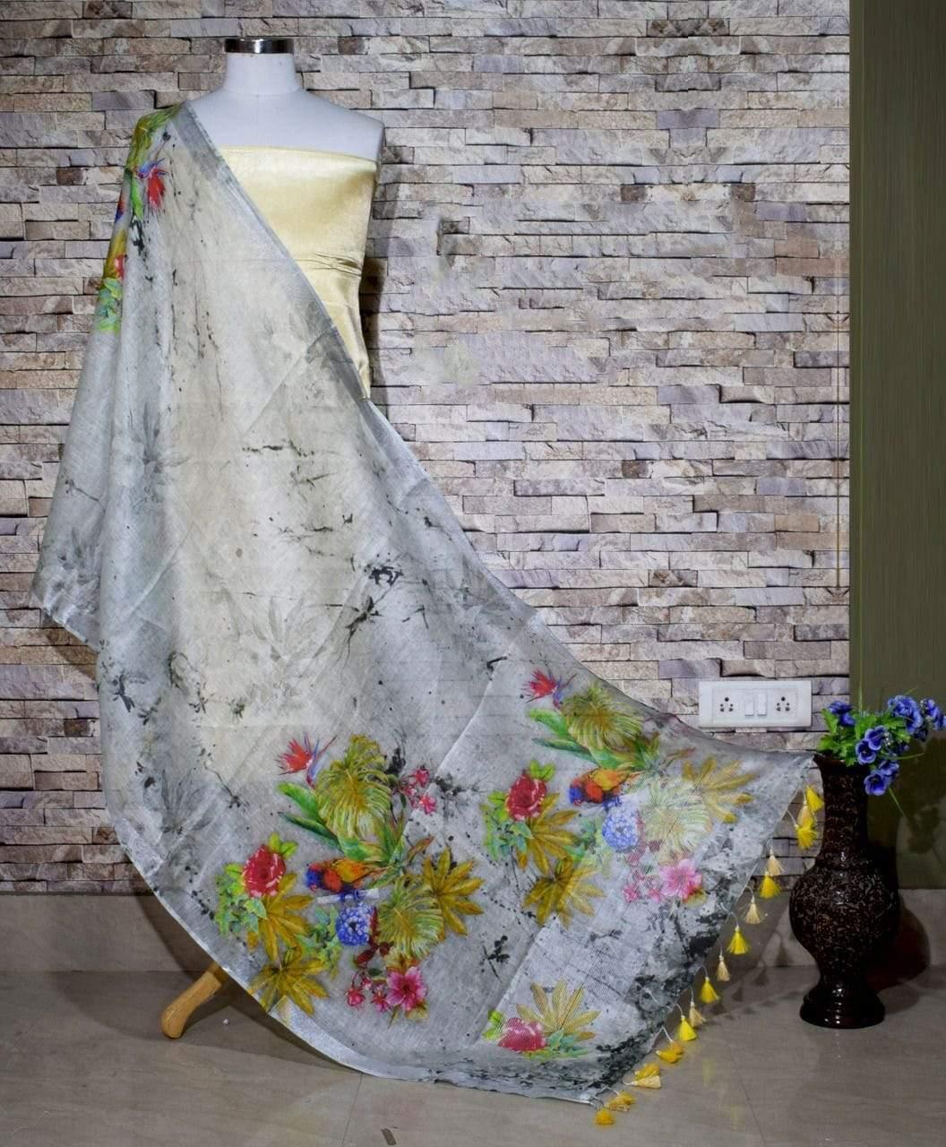 Pleasing Designer Light Grey Digital Linen Dupatta_ - Ibis Fab