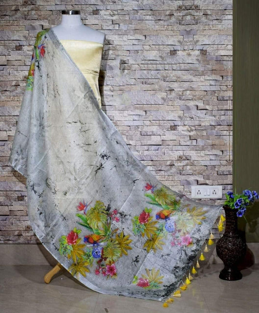 Pleasing Designer Light Grey Digital Linen Dupatta_ - Ibis Fab