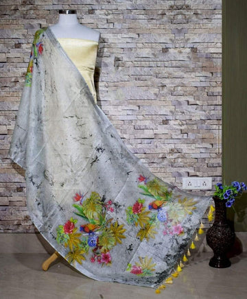 Pleasing Designer Light Grey Digital Linen Dupatta_