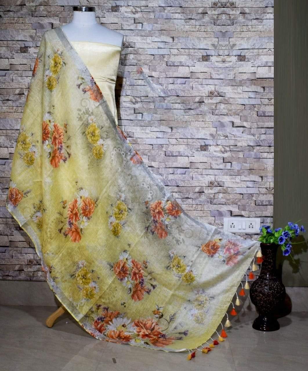 Pleasing Yellow Floral Print Digital Linen Dupatta_ - Ibis Fab