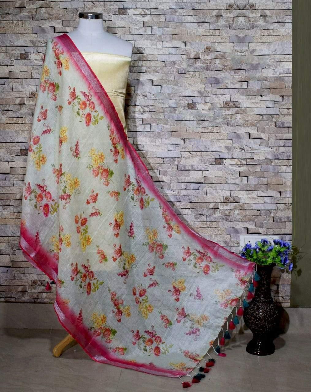 Pleasingly Beautiful White Dark Pink Digital Linen Dupatta_ - Ibis Fab