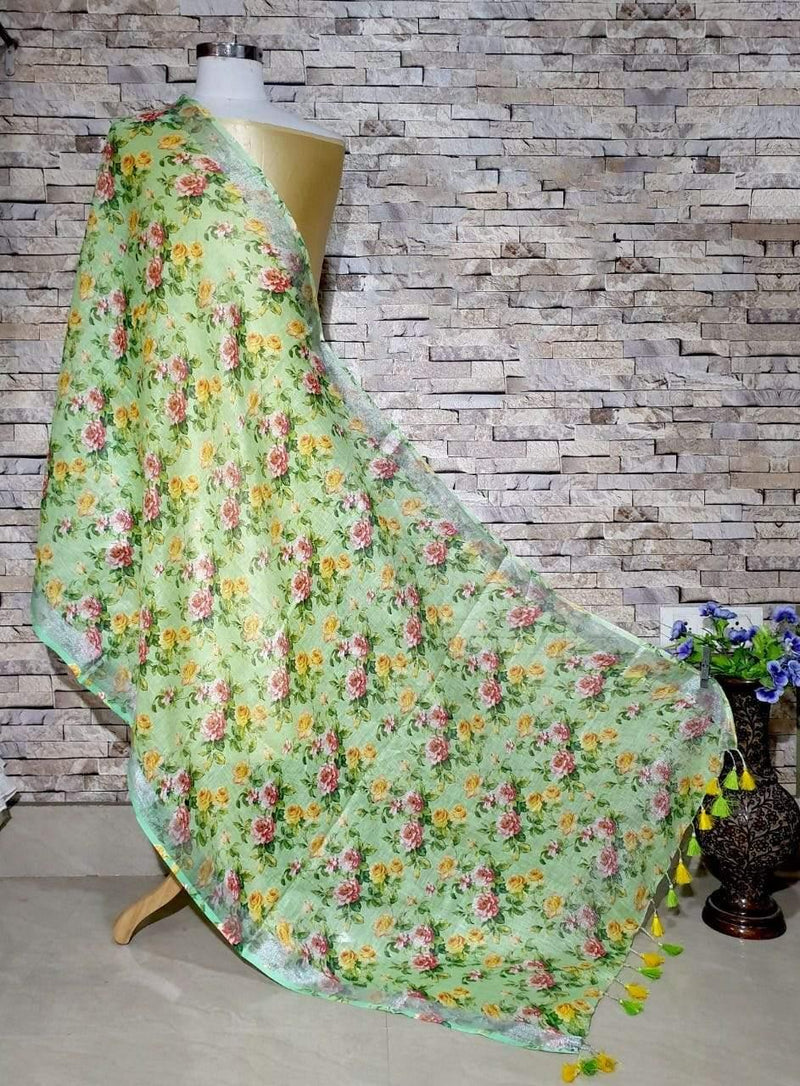 Pretty Green Floral Design Digital Linen Dupatta_ - Ibis Fab