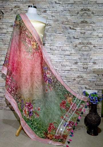 Pretty Peach Base With Green Pink Floral Digital Print Linen Dupatta_