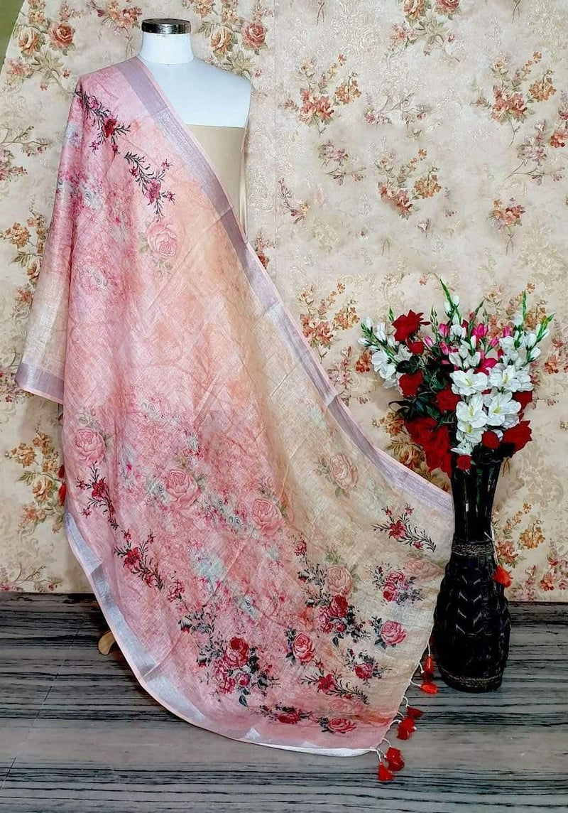 Subtle Pink Yellow Base Designer Digital Linen Dupatta_ - Ibis Fab