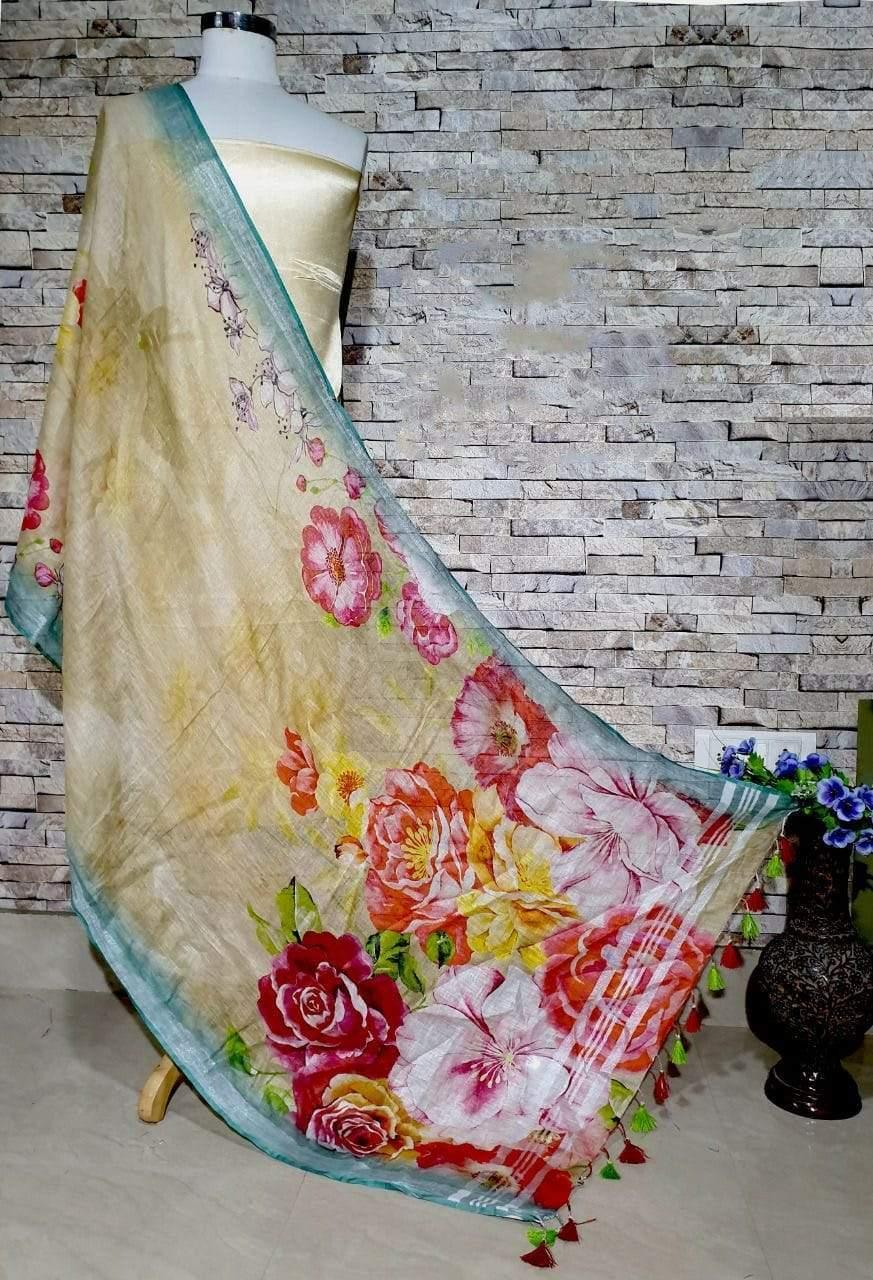 Yellow Base Floral Design with Sea green border Digital Linen Dupatta_ - Ibis Fab