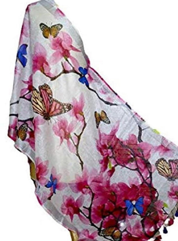 Pleasing White Base Floral Butterfly Design Digital Linen Dupatta
