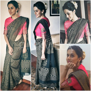 Adorable Black colored Partywear Linen Designer Printed Saree