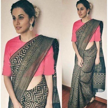 Adorable Black colored Partywear Linen Designer Printed Saree