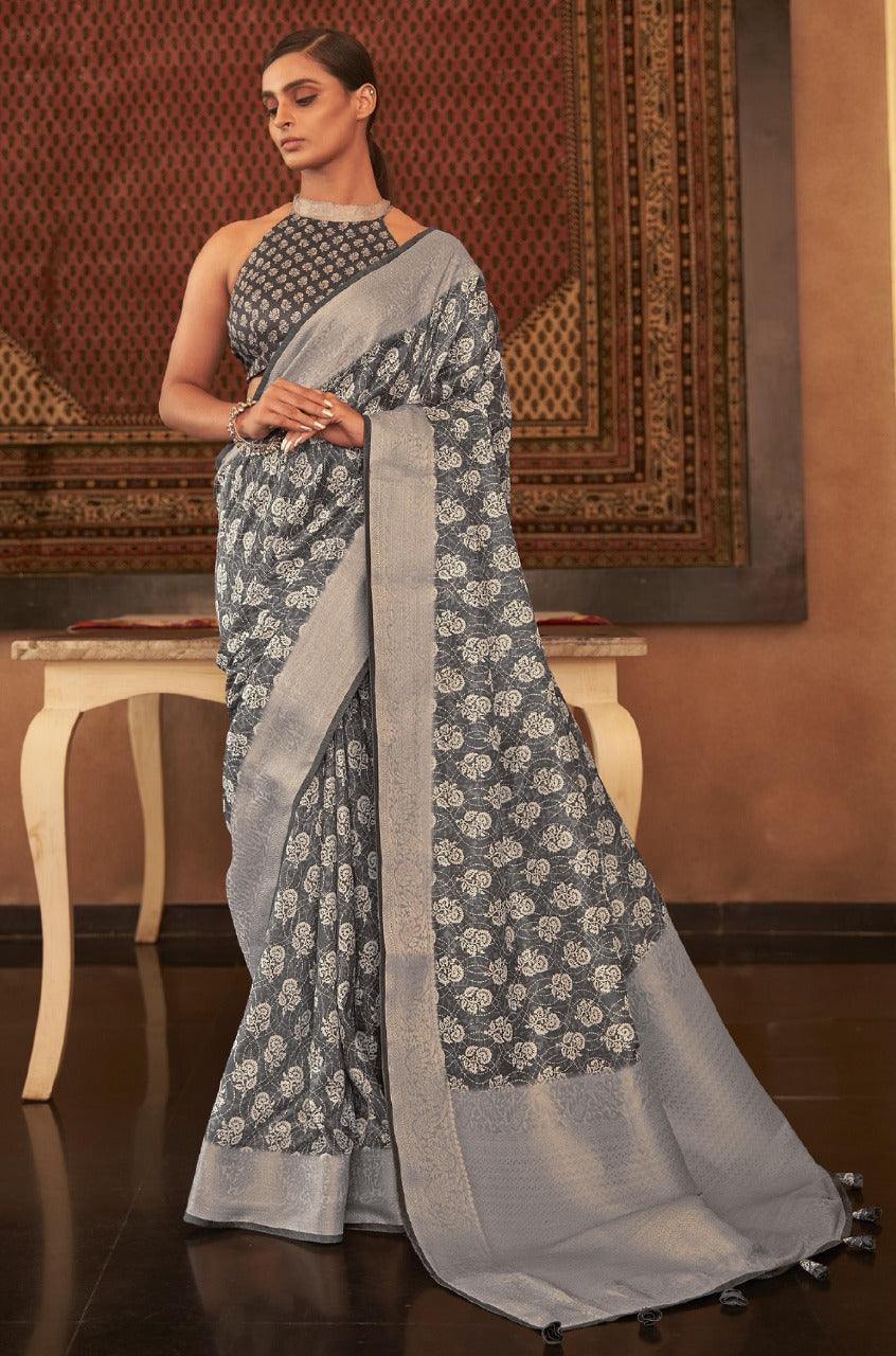 Adorable Silk Classy Grey Color Saree, Shining Party Wear - Ibis Fab