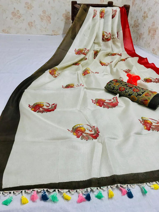 Adorning Pure Linen Off White Colored Casual Printed Saree - Ibis Fab
