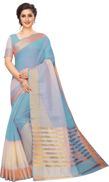 Adorning Sky Blue Colored Festive Wear Soft Linen Cotton Saree