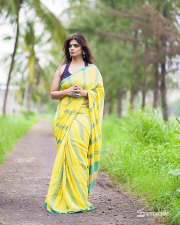 Adorning Yellow color Linen Designer Embroidered Saree