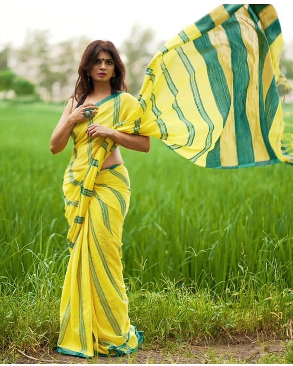 Adorning Yellow color Linen Designer Embroidered Saree - Ibis Fab