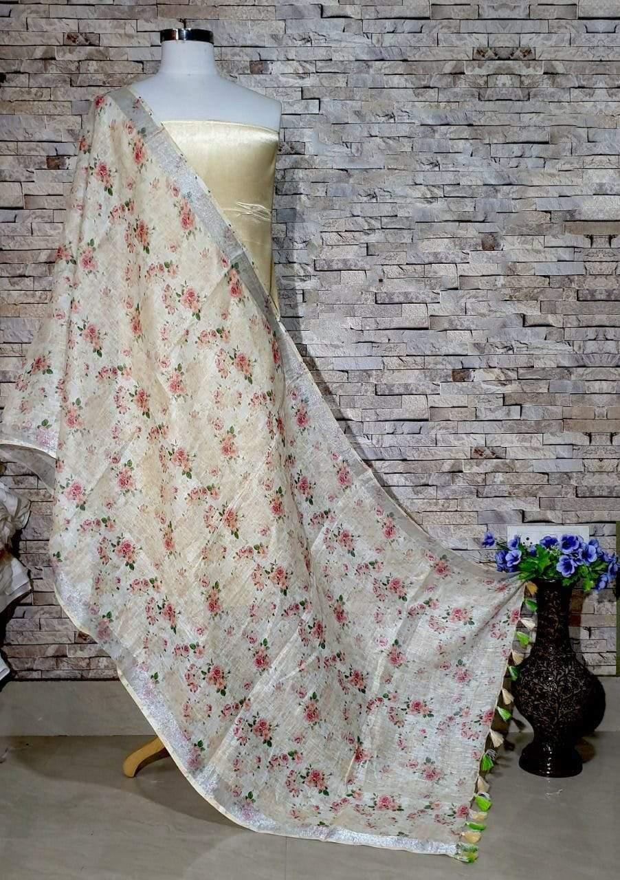 Alluring Cream Base Floral Print Digital Linen Dupatta - Ibis Fab