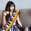 Alluring Night Blue And White Colored  Festive Printed  Pure Linen Saree
