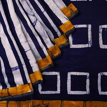 Alluring Night Blue And White Colored  Festive Printed  Pure Linen Saree