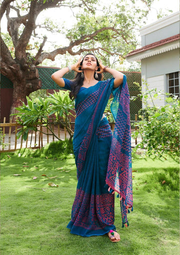 Amazing Blue Pure Linen Designer Saree