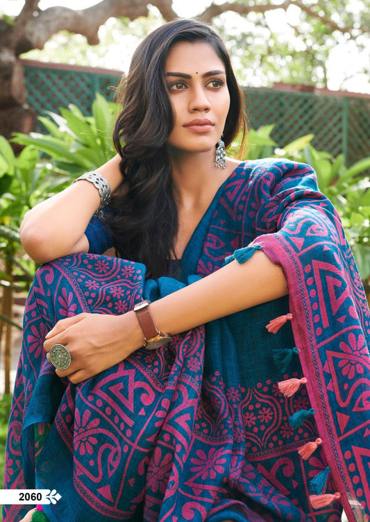 Amazing Blue Pure Linen Designer Saree - Ibis Fab