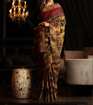 Amazing Brown colored Designer Printed Pure Linen Designer Saree