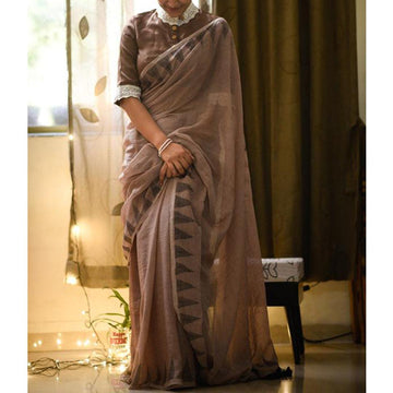 Amazing Brown Colored Festive Wear Pure Linen Beautiful Designer Saree