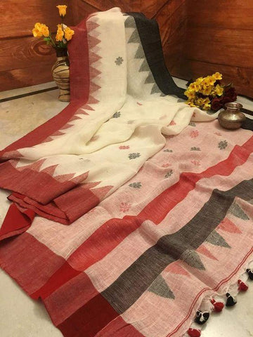Amazing Off white Colored  Festive Wear Printed  Pure Linen Saree