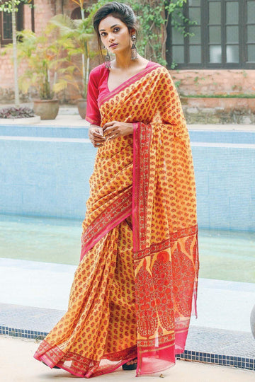 Amazing Yallow colored Linen Designer Printed Saree