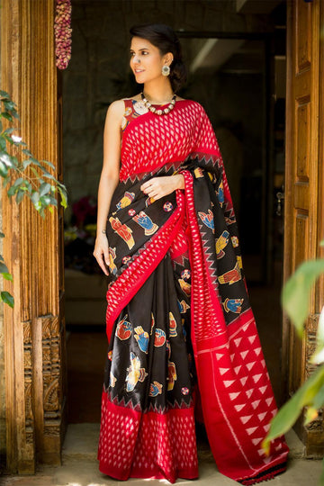 Appealing Black colored Linen Designer printed Silk Saree