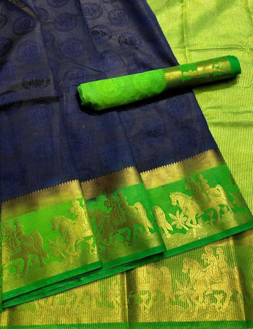 Appealing Night Blue And Parrot Green Kanjivaram Tussar Silk Saree