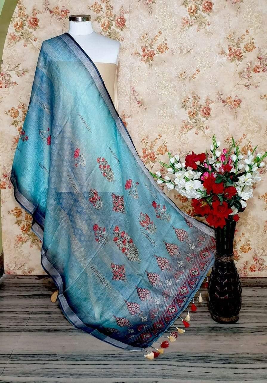 Aqua Blue Designer Digital Linen Dupatta - Ibis Fab