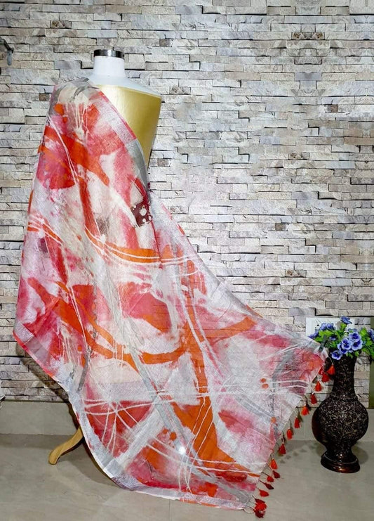 Artistic red Designer Digital Print Linen Dupatta - Ibis Fab