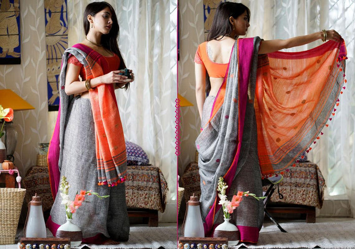 Attractive Grey Premium Linen Designer Saree
