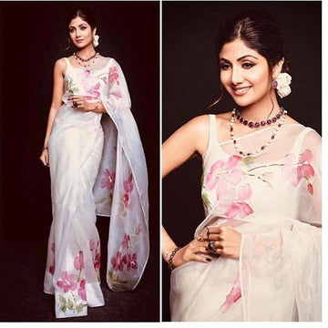 Attractive White Flowered Partywear Linen Designer Printed Saree