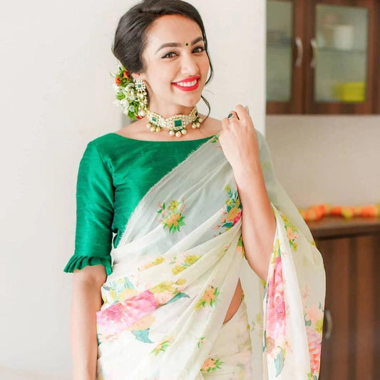 Awesome White Silk Designer Printed Saree - Ibis Fab