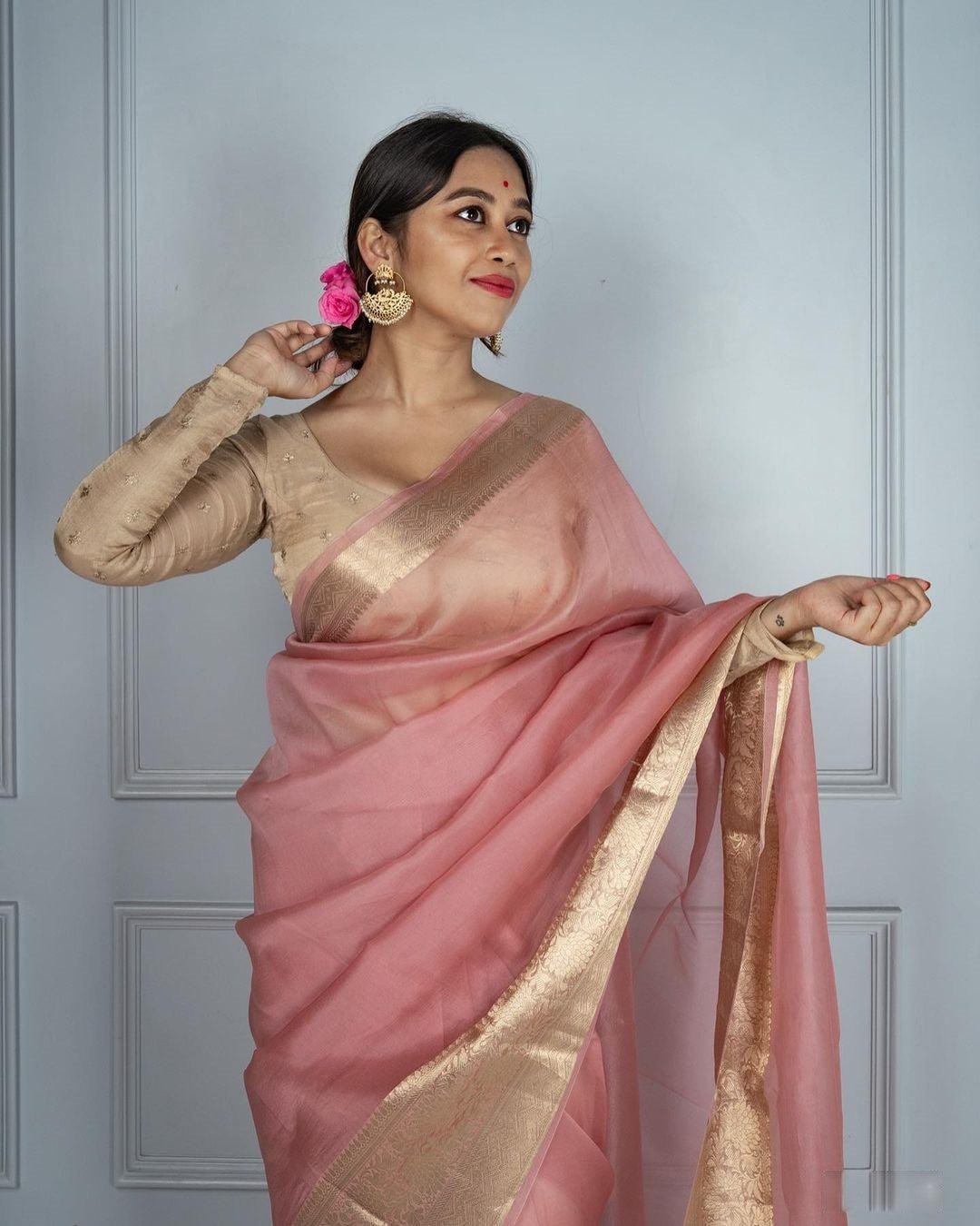 Banarasi Organza saree in light pink, adorable festive wear - Ibis Fab