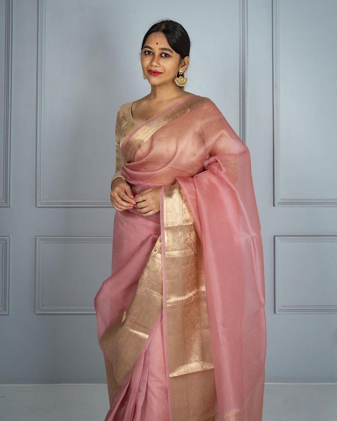 Banarasi Organza saree in light pink, adorable festive wear - Ibis Fab