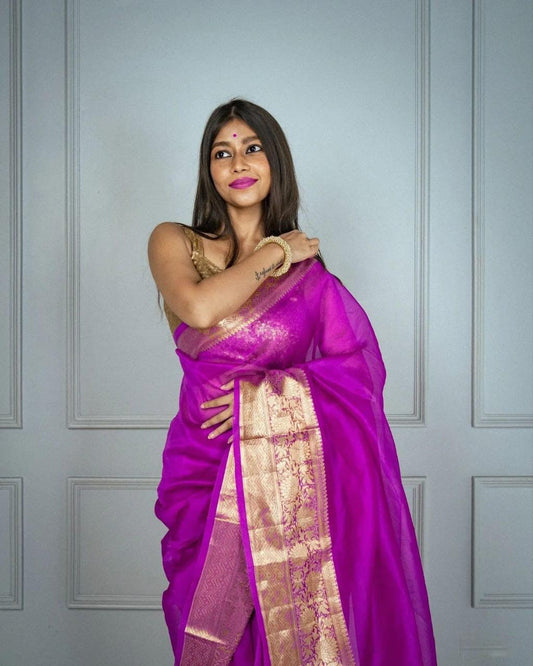 Banarasi Organza saree in Purple, adorable festive wear - Ibis Fab