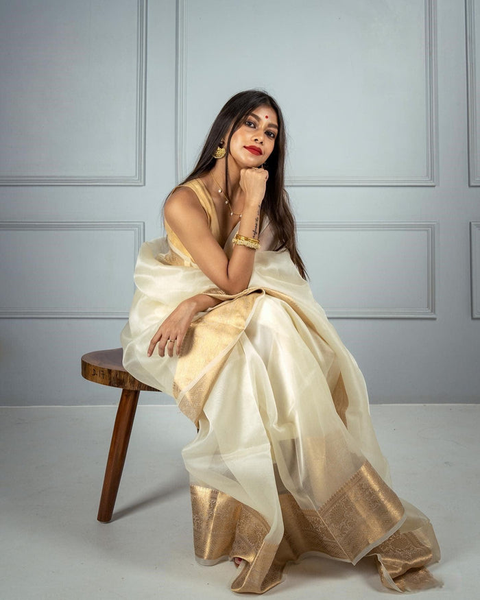 Banarasi Organza saree in White, adorable festive wear