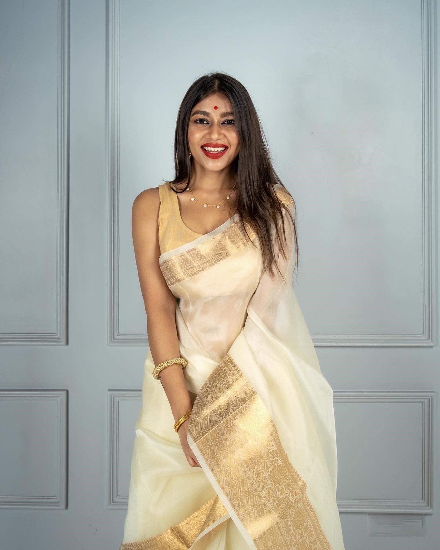 Banarasi Organza saree in White, adorable festive wear - Ibis Fab