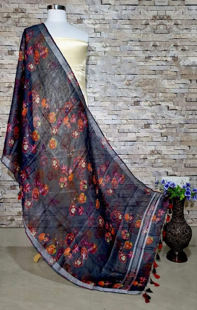 Beautiful Black Floral Design Digital Linen Dupatta - Ibis Fab