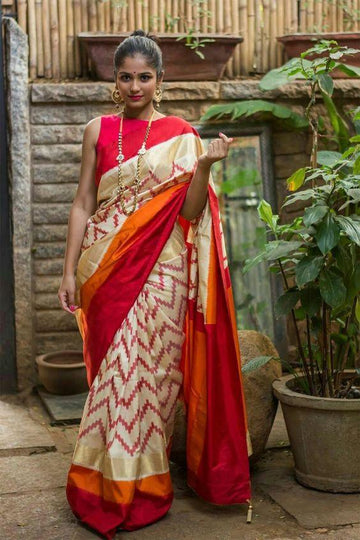 Beautiful Festive Wear Red And Cream Colored Printed Pure Linen Saree