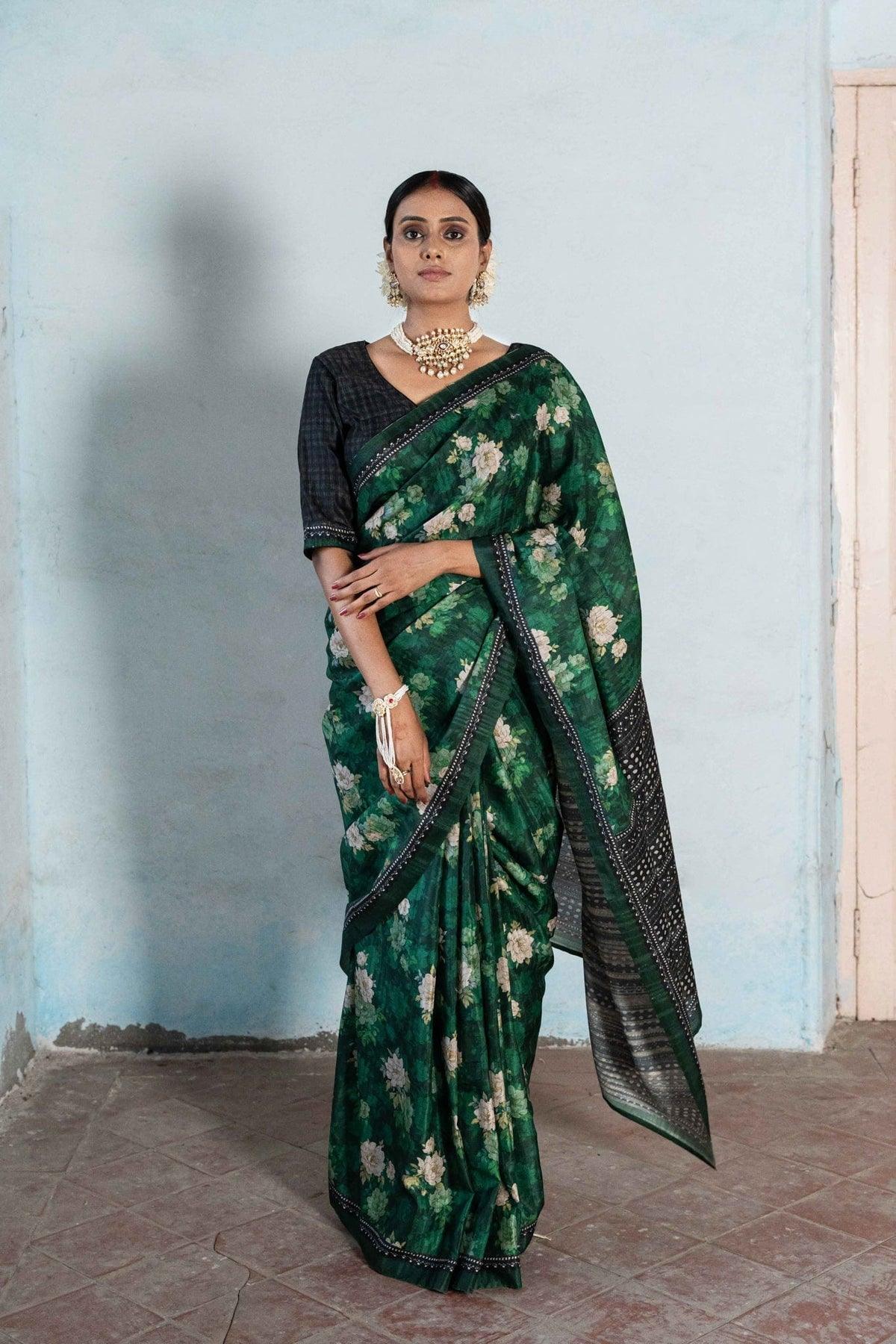 Beautiful Floral Printed Silk Saree With Blouse - Ibis Fab