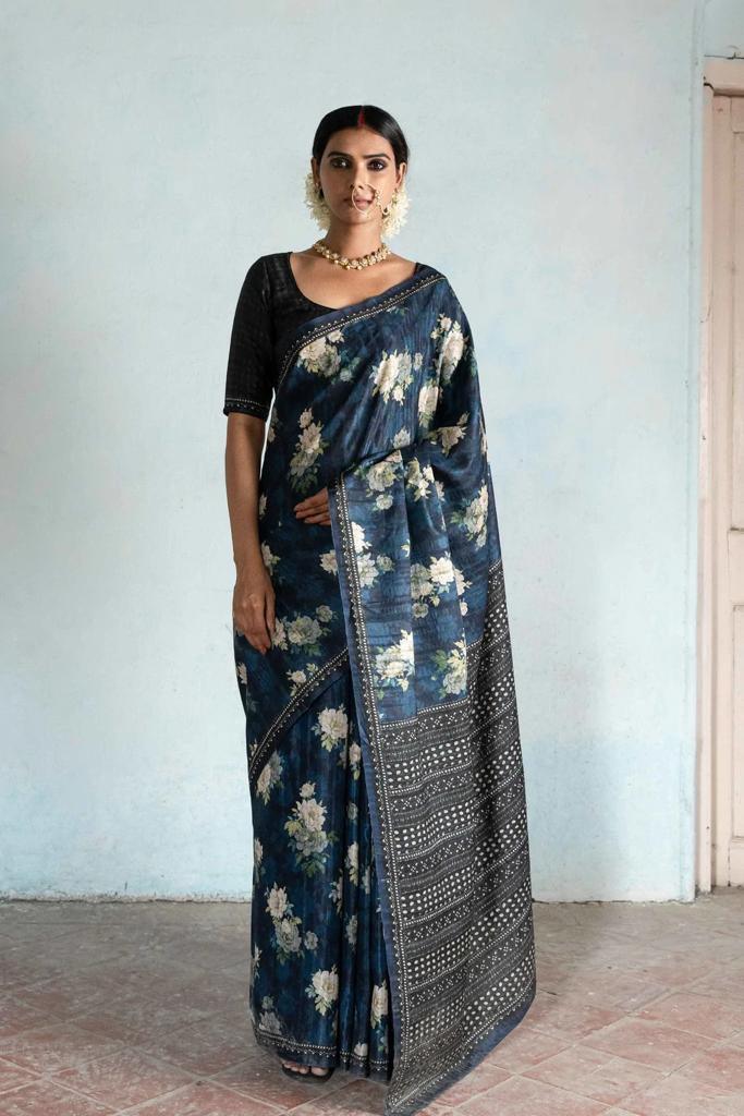 Beautiful Floral Printed Silk Saree With Blouse - Ibis Fab