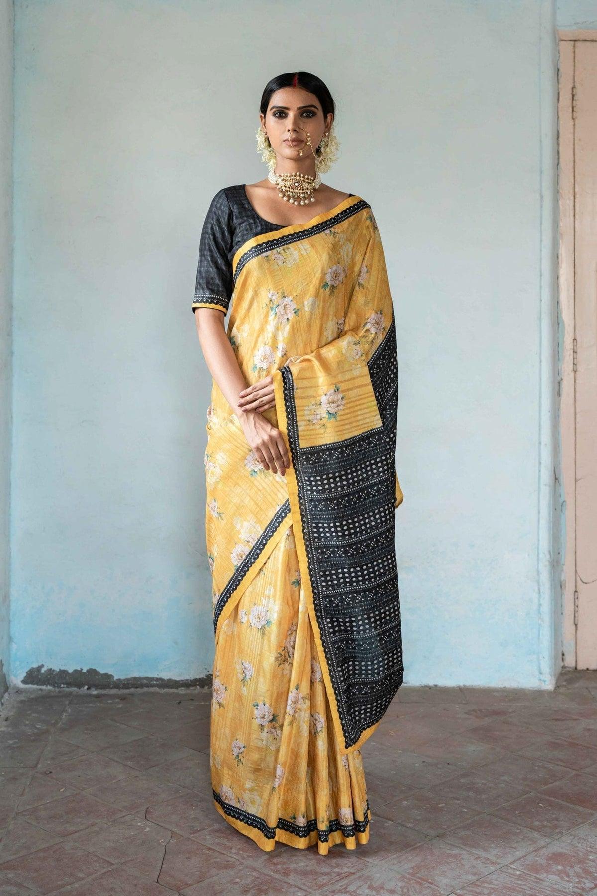 Beautiful Floral Printed Silk Saree With Blouse - Ibis Fab