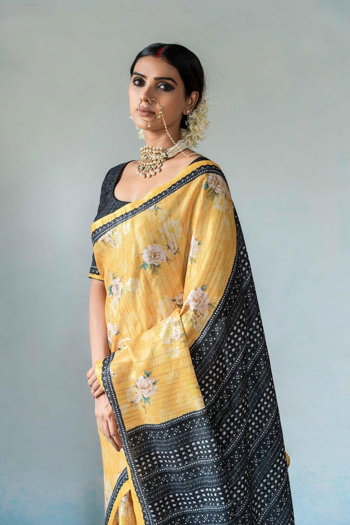 Beautiful Floral Printed Silk Saree With Blouse - Ibis Fab