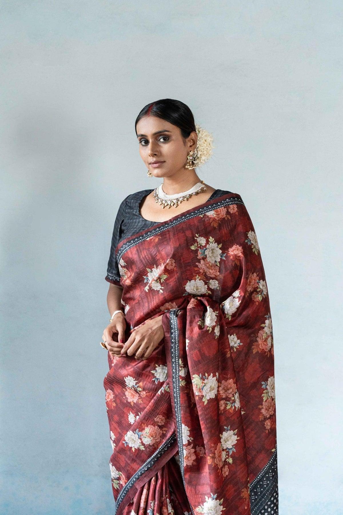 Beautiful Floral Printed Silk Saree With Blouse - Ibis Fab