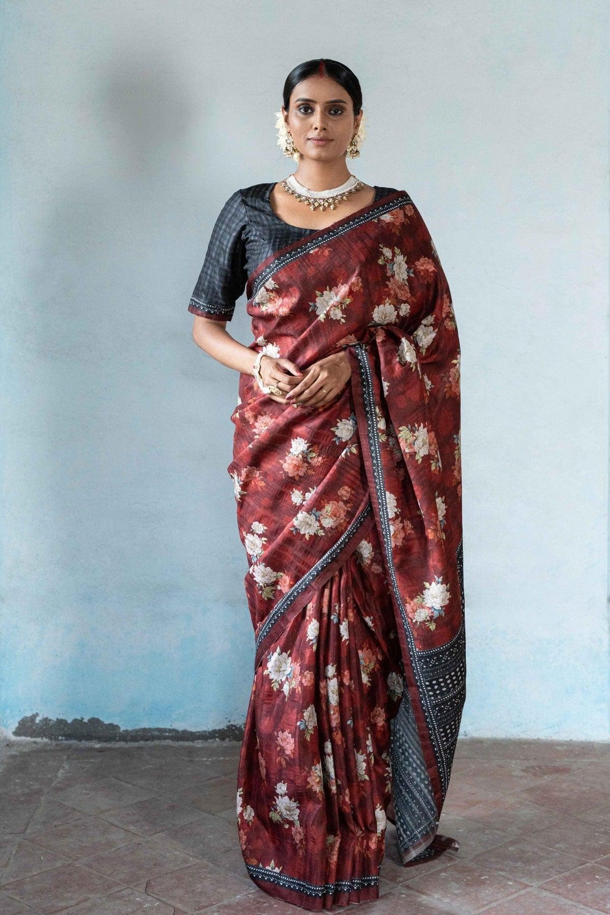 Beautiful Floral Printed Silk Saree With Blouse - Ibis Fab