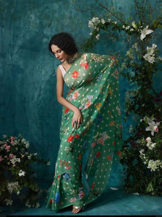 Beautiful Green Color Linen Designer Saree - Ibis Fab